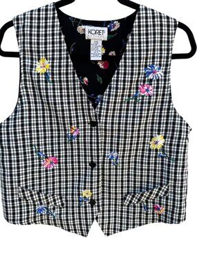 Koret‎ Petites Vintage Reversible Vest Gingham Floral Embroidered Black Size 4